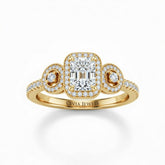 Yellow Gold Radiant Brilliant Three Stone Halo Engagement Ring With Vintage Milgrain Detail