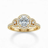 Yellow Gold Round Brilliant Three Stone Halo Engagement Ring With Vintage Milgrain Detail