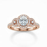Rose Gold Round Brilliant Three Stone Halo Engagement Ring With Vintage Milgrain Detail