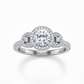 White Gold Round Brilliant Three Stone Halo Engagement Ring With Vintage Milgrain Detail