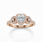 Rose Gold Heart Brilliant Three Stone Halo Engagement Ring With Vintage Milgrain Detail