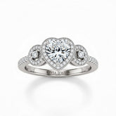 White Gold Heart Brilliant Three Stone Halo Engagement Ring With Vintage Milgrain Detail