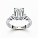Silver Emerald Cut Engagement Ring With Diamond Scatter Accent Shoulders And Classic Four-Prong Setting