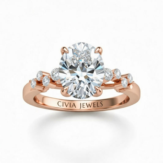 Rose Gold Oval Cut Engagement Ring With Diamond Scatter Accent Shoulders And Classic Four-Prong Setting