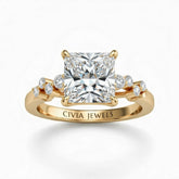 Yellow Gold Princess Cut Engagement Ring With Diamond Scatter Accent Shoulders And Classic Four-Prong Setting