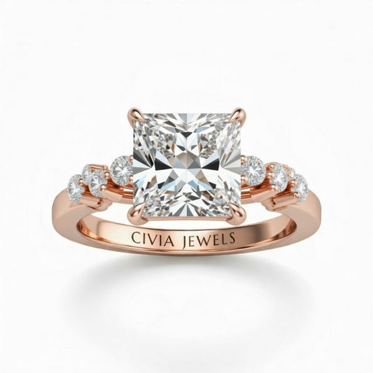Rose Gold Princess Cut Engagement Ring With Diamond Scatter Accent Shoulders And Classic Four-Prong Setting