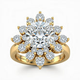 Yellow Gold Cushion Cut Cluster Halo Engagement Ring With Floral Diamond Frame