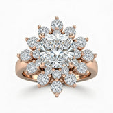 Rose Gold Cushion Cut Cluster Halo Engagement Ring With Floral Diamond Frame