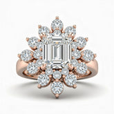 Rose Gold Emerald Cut Cluster Halo Engagement Ring With Floral Diamond Frame