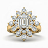 Yellow Gold Emerald Cut Cluster Halo Engagement Ring With Floral Diamond Frame