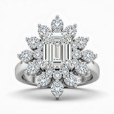 White Gold Emerald Cut Cluster Halo Engagement Ring With Floral Diamond Frame