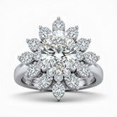 Silver Oval Cut Cluster Halo Engagement Ring With Floral Diamond Frame