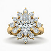 Yellow Gold Pear Cut Cluster Halo Engagement Ring With Floral Diamond Frame