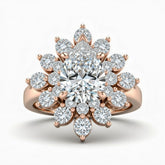 Rose Gold Pear Cut Cluster Halo Engagement Ring With Floral Diamond Frame