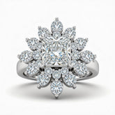 White Gold Princess Cut Cluster Halo Engagement Ring With Floral Diamond Frame