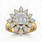 Yellow Gold Radiant Cut Cluster Halo Engagement Ring With Floral Diamond Frame