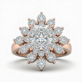 Rose Gold Radiant Cut Cluster Halo Engagement Ring With Floral Diamond Frame