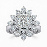 Silver Radiant Cut Cluster Halo Engagement Ring With Floral Diamond Frame