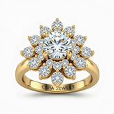 Yellow Gold Round Cut Cluster Halo Engagement Ring With Floral Diamond Frame
