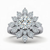 Silver Round Cut Cluster Halo Engagement Ring With Floral Diamond Frame