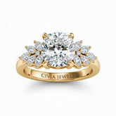Yellow Gold Cushion Cut Engagement Ring With Marquise Diamond Cluster Side Accents