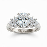 White Gold Cushion Cut Engagement Ring With Marquise Diamond Cluster Side Accents