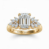 Yellow Gold Emerald Cut Engagement Ring With Marquise Diamond Cluster Side Accents