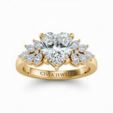 Yellow Gold Heart Cut Engagement Ring With Marquise Diamond Cluster Side Accents