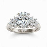 Silver Oval Cut Engagement Ring With Marquise Diamond Cluster Side Accents