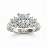 Silver Princess Cut Engagement Ring With Marquise Diamond Cluster Side Accents