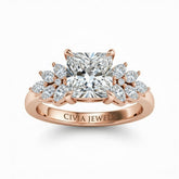 Rose Gold Princess Cut Engagement Ring With Marquise Diamond Cluster Side Accents