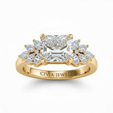 Yellow Gold Radiant Cut Engagement Ring With Marquise Diamond Cluster Side Accents