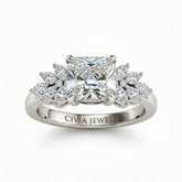 Silver Radiant Cut Engagement Ring With Marquise Diamond Cluster Side Accents
