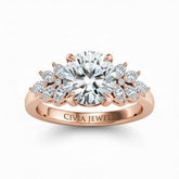 Rose Gold Round Cut Engagement Ring With Marquise Diamond Cluster Side Accents