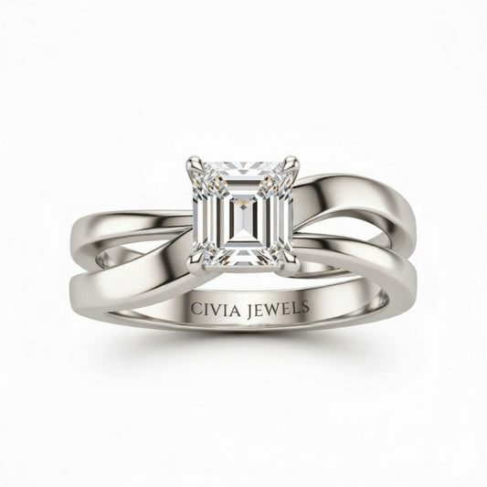 White Gold Emerald Cut Solitaire Engagement Ring With Sculpted Multirow Twist Shank