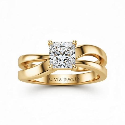 Yellow Gold Princess Cut Solitaire Engagement Ring With Sculpted Multirow Twist Shank
