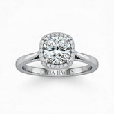 White Gold Cushion Cut Halo Engagement Ring With Classic Four Prong Setting And Slim Band
