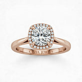 Rose Gold Cushion Cut Halo Engagement Ring With Classic Four Prong Setting And Slim Band