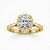 Yellow Gold Cushion Cut Halo Engagement Ring With Classic Four Prong Setting And Slim Band