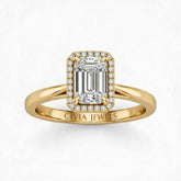 Yellow Gold Emerald Cut Halo Engagement Ring With Classic Four Prong Setting And Slim Band