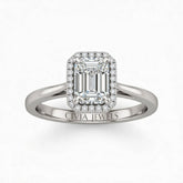 White Gold Emerald Cut Halo Engagement Ring With Classic Four Prong Setting And Slim Band