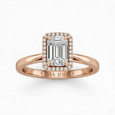 Rose Gold Emerald Cut Halo Engagement Ring With Classic Four Prong Setting And Slim Band