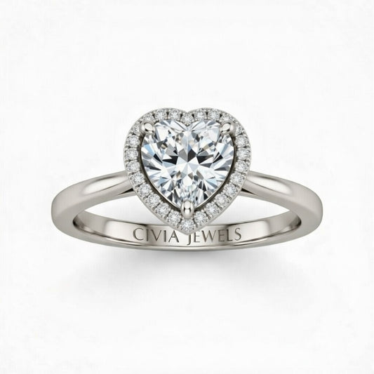 White Gold Heart Cut Halo Engagement Ring With Classic Four Prong Setting And Slim Band