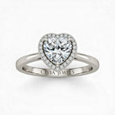 Silver Heart Cut Halo Engagement Ring With Classic Four Prong Setting And Slim Band