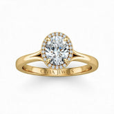 Yellow Gold Oval Cut Halo Engagement Ring With Classic Four Prong Setting And Slim Band