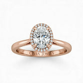 Rose Gold Oval Cut Halo Engagement Ring With Classic Four Prong Setting And Slim Band