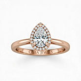 Rose Gold Pear Cut Halo Engagement Ring With Classic Four Prong Setting And Slim Band