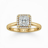 Yellow Gold Princess Cut Halo Engagement Ring With Classic Four Prong Setting And Slim Band