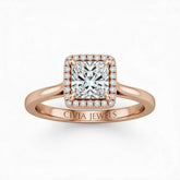 Rose Gold Princess Cut Halo Engagement Ring With Classic Four Prong Setting And Slim Band