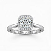 White Gold Princess Cut Halo Engagement Ring With Classic Four Prong Setting And Slim Band
